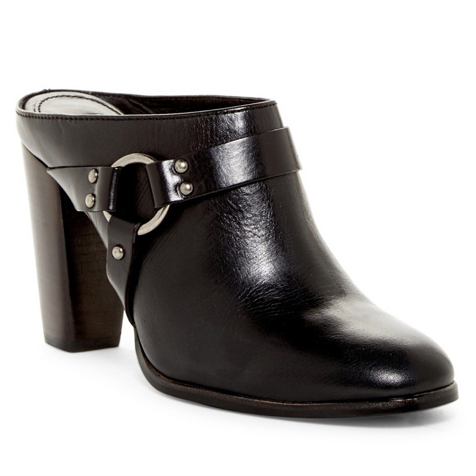Frye "Laurie Harness Mule" Black Leather Moto Heeled Clogs | Women's Size 7